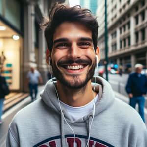 Happy Man Walking down City Street with Tommy English Hoodie