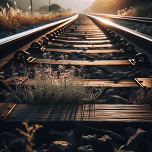 Rustic Railway Track Close-Up: Nature Reclaims Industrial Beauty