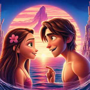 Animated Boy & Girl in Pink Bikini at Marine Sunset Illustration