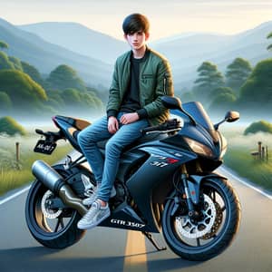 3D Illustration of 17-Year-Old Boy on GTR 350 Bike in Nature