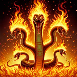 Four-Headed Snake On Fire - Mythical Creature Artwork