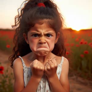 Frustrated Young Hispanic Girl in Poppy Field at Sunset