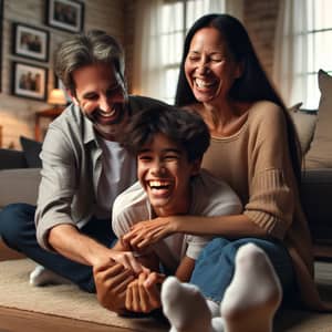 Loving Family Tickle Scene: Heartwarming Indoor Moment