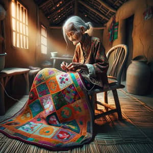 Elderly Vietnamese Woman Sewing Colorful Quilt | Serene Rural Scene