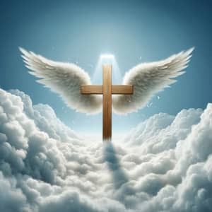 Classic Wooden Cross in Fluffy Cloud with Cherubim Wings