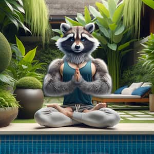 Male Raccoon Demi-Human Doing Yoga by Pool