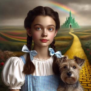 Young Girl in Rural Setting with Terrier Dog on Yellow Brick Road