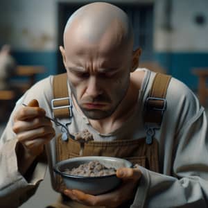 Russian Prisoner Eating Gruel | High-Resolution Image