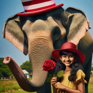 Fun Elephant with Hat and Rose Beside a Girl