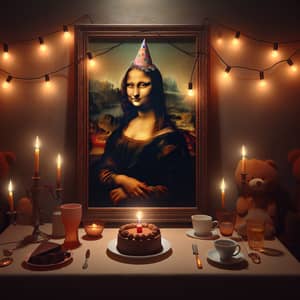 Mona Lisa Birthday Party Portrait with Festive Hat and Cake