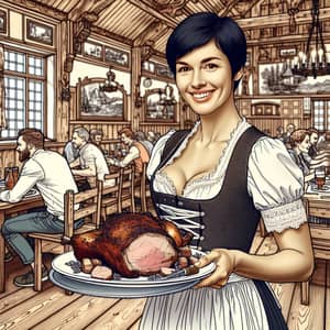 German Woman Serving Pork Roast in Bavarian Inn