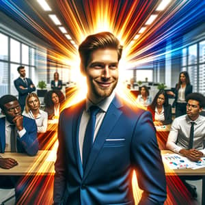 Confident Salesman in Energetic Office Scene | European Corporate Dynamics