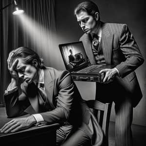 Professional Salesmen Embrace AI Technology in Vintage Noir Setting