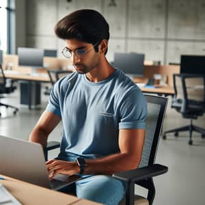 Modern Office with Young South Asian Male Working on Laptop