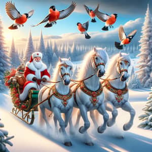 Russian Santa Claus with White Horses in Enchanting Winter Forest