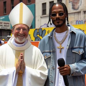 Urban Street Encounter: Religious Figure and Man in Graffiti Background