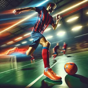 Dynamic Futsal Player Dribbling in Zigzag Pattern