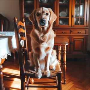 Friendly Golden Retriever Sitting on Wooden Chair