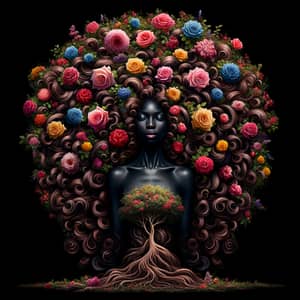 Portrait of a Black Woman with Curly Hair & Flowers