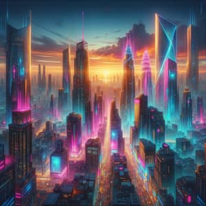 Cyberpunk Cityscape at Sunset: Futuristic Neon-Lit Skyscrapers