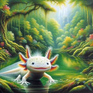 Oil Painting of Axolotl in Serene Lagoon