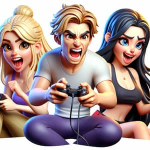 Vibrant 3D Cartoon of Passionate Gamers