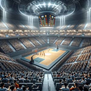 Indoor Sports Arena with Diverse Crowd and High-Tech Scoreboard