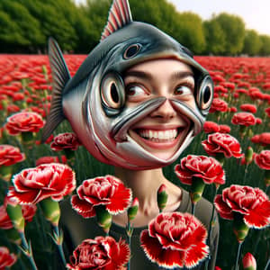 Sardine Woman Smiling in Red Carnation Field