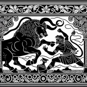 Theseus vs Minotaur: Ancient Greek Mythology Lineart Silhouettes