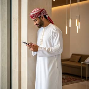 Omani Man in Traditional Attire Using Mobile Phone