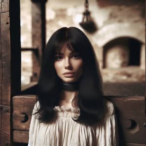 Caucasian Woman in Historical Pillory Scene