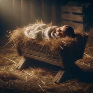 Baby Jesus Sleeping in Wooden Manger - Symbol of Hope and Renewal