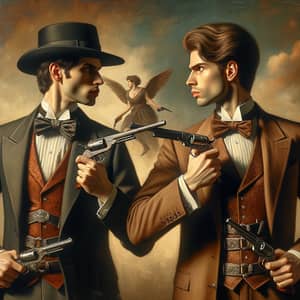 19th Century Duel: Elegantly Dressed Men in Dramatic Pistol Fight