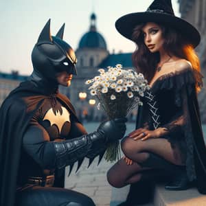 Enchanting Twilight Encounter: Vigilante and Witch with White Daisies