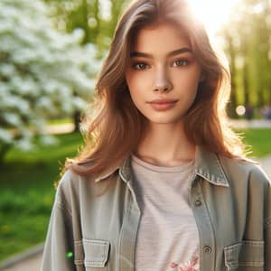 Young Caucasian Woman with Long Brown Hair in Park Setting