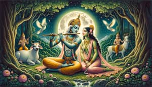 Tranquil Celestial Figures in Verdant Forest | Mythological Indian Landscape