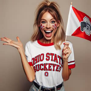 Enthusiastic Ohio State Buckeyes Fan Cheering with Brutus Flag