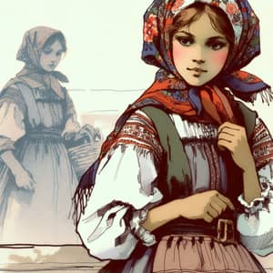 Traditional Russian Attire: Young Caucasian Girl in Ink & Watercolor