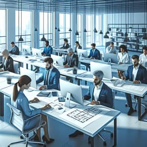 Modern Construction Company Office: Diverse Employees Working in Blue and White Tones