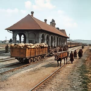 Hungarian Railway Station: Ox Cart & Hun Warriors