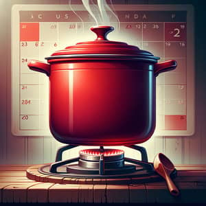 Red Cooking Pot on Rustic Stove | Kitchen Atmosphere Illustration