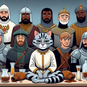 Animated Feline Character Surrounded by Diverse Knights