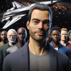 Diverse Group of Men with Futuristic Spacecraft - Modern Casual Attire