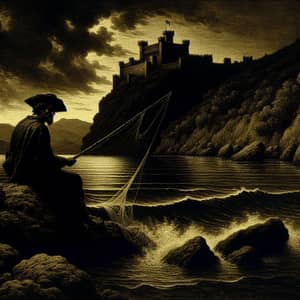 Dark Caravaggio-Style Oil Painting of Fisherman Casting Net with Moorish Castle