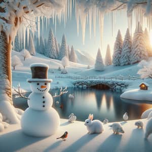 Serene Winter Landscape with Snowman and Wildlife