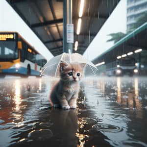 Adorable Kitten in Rainy Bus Station