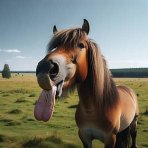 Hoarse Brown Horse Standing in Green Meadow on Sunny Day