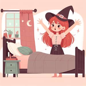 Young Red-Haired Witch Waking Up - Enchanted Children's Illustration