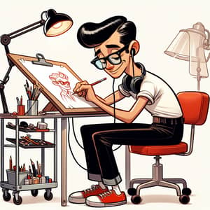 Hispanic Cartoonist in 1950s Style - Sketching Illustration