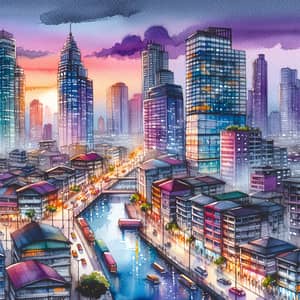 Vibrant Cityscape in Watercolor Art